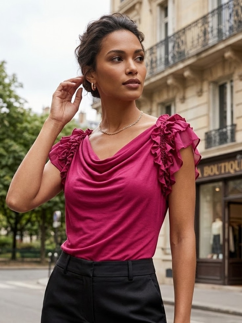 NY&C Magenta Pink Ruffle Sleeve Cowl Neck Top M
